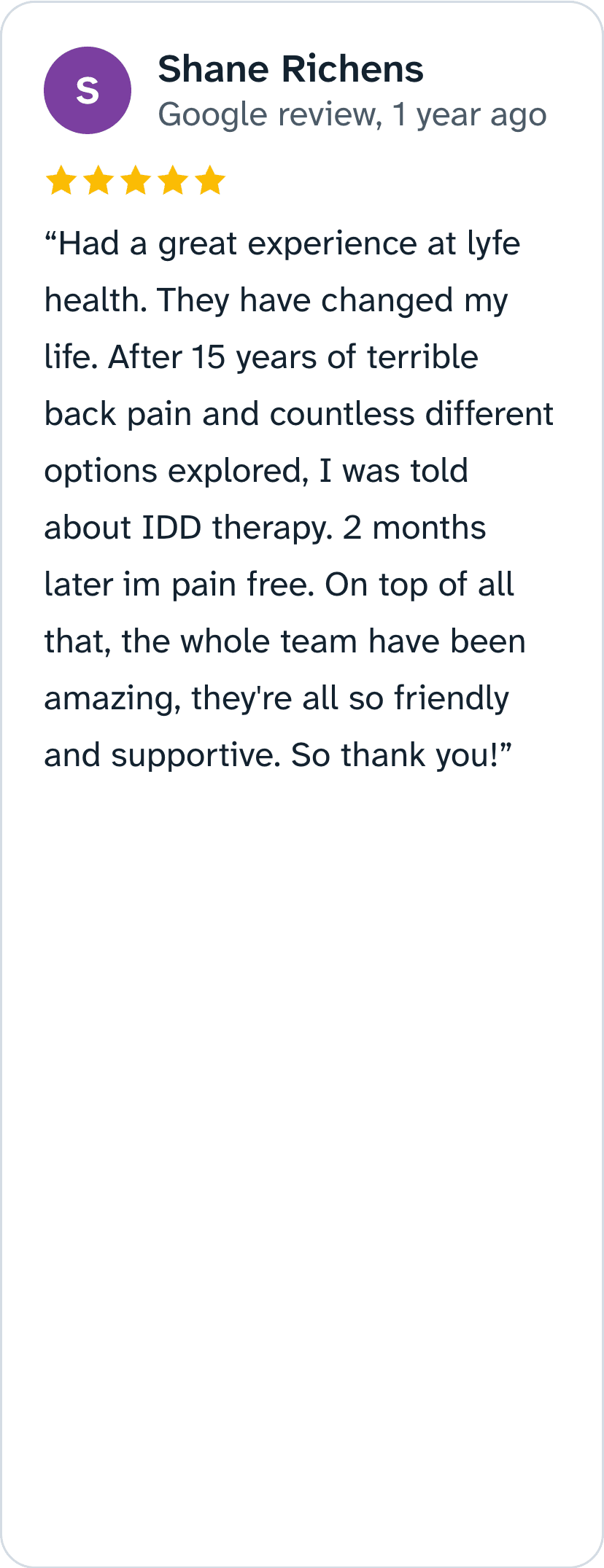 5-star Google review from Shane Richens, 1 year ago
