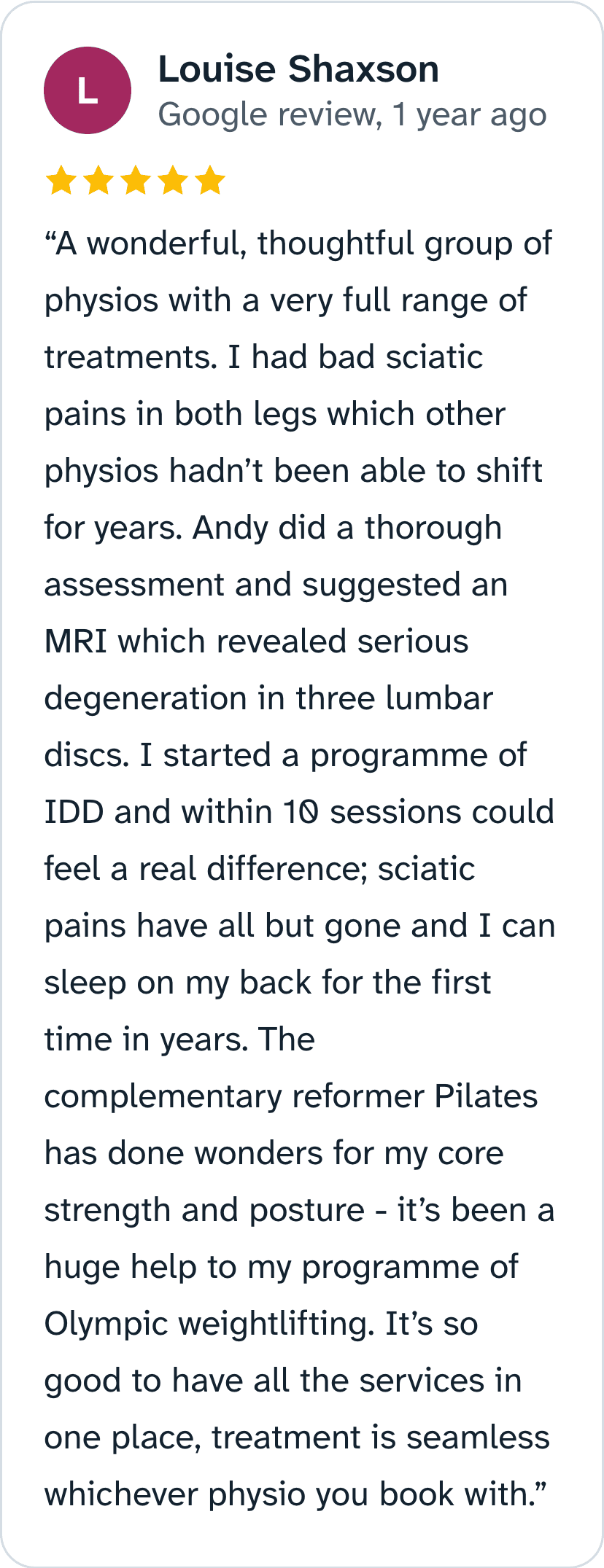 5-star Google review from Louise Shaxson, 1 year ago